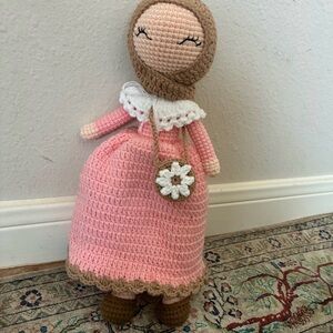 Handmade Pink Crochet Doll Plush with Beige Hood and White Collar